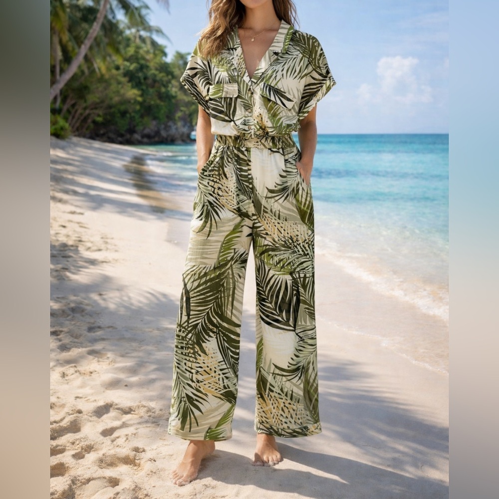Zara Green Leaf Print Jumpsuit